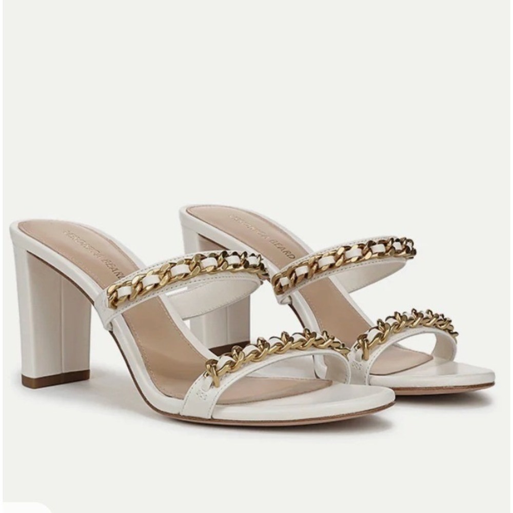 Veronica Beard Size 7 White Leather Gretchen Gold Chain-Link Slide Sandals Shoes
